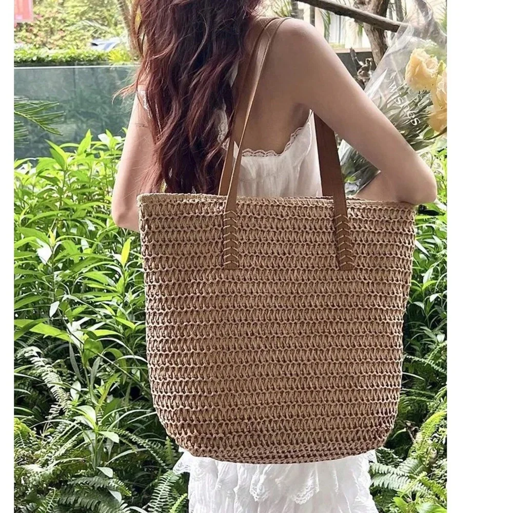 Woven Straw Tote Bag with Brown Leather Handles